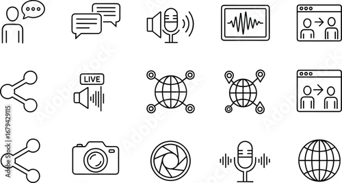 Communication, media, technology, icons, speech bubble, megaphone, waveform, browser, globe, share, camera, microphone, podcast, internet, live, audio, chat, outline, vector, interaction, network