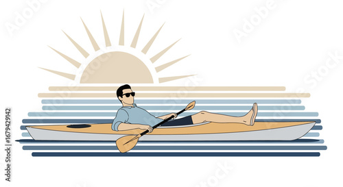 Man kayaking enjoying the sun during travel and leisure time on the water vector