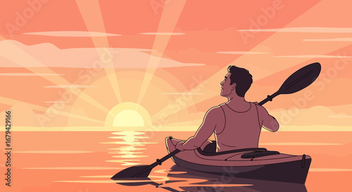 Man kayaking on the water watching the sunset, sunset orange tone background