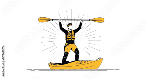 Man Kayaking in Yellow Boat, Lifting Oar High Above, White Background Illustration