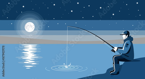 Night Fishing under a Full Moon, Peaceful Scene of Angler Catching Fish, Calm Water