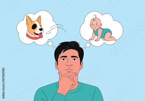 Man thinking about dog vs baby decision parenthood future lifestyle choices