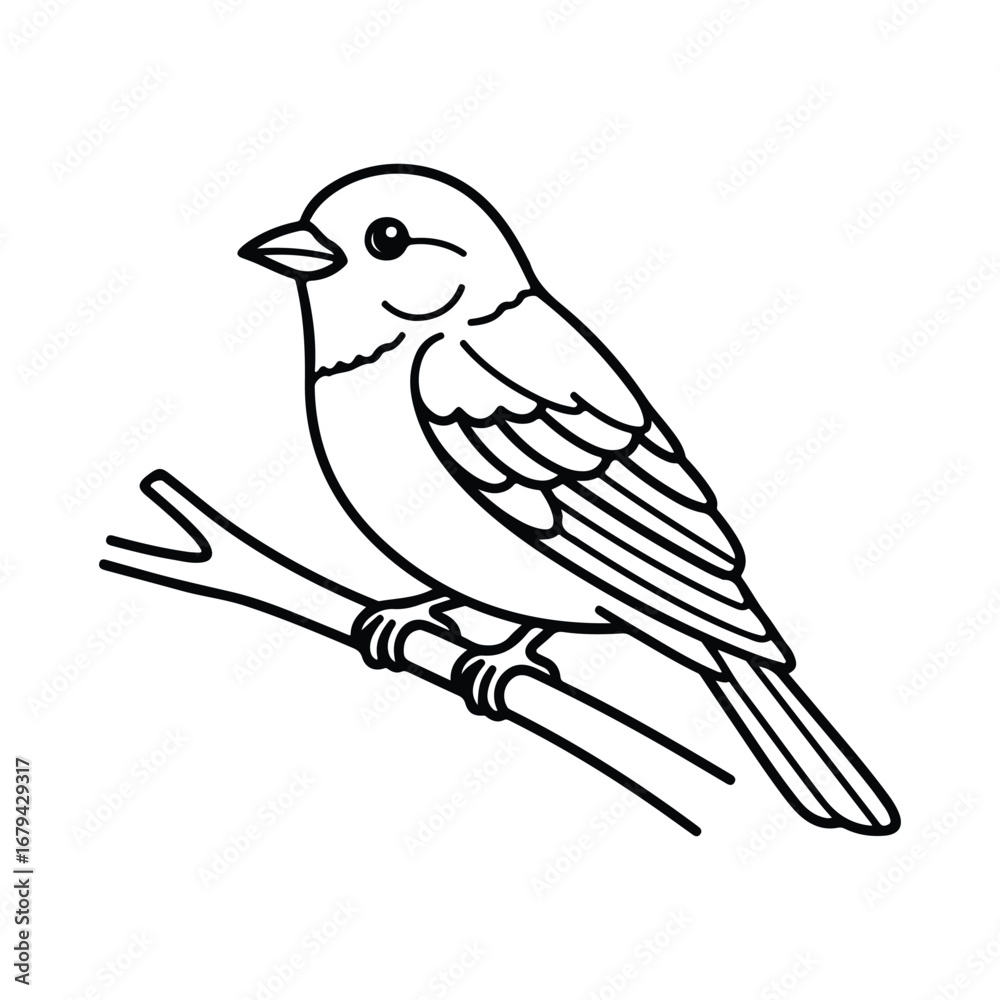 Fototapeta premium Black and white line drawing of a small bird perched on a branch outline