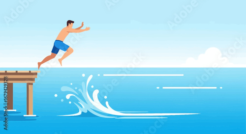 Man Leaps Joyfully Into the Water from a Wooden Pier during a Sunny Day