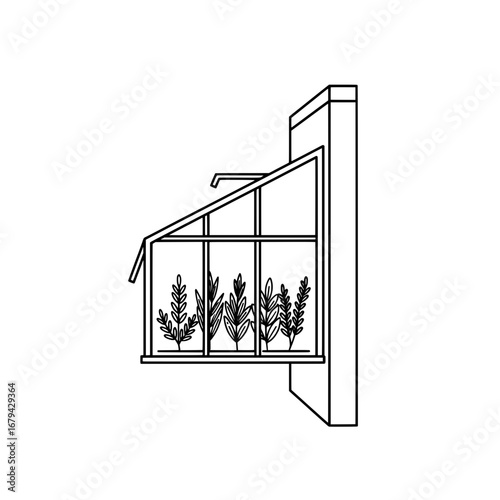 Glass greenhouse with plants on transparent background