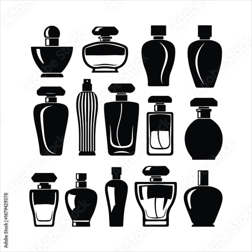 Collection of black perfume bottles and spray bottles on white background fragrance cosmetic
