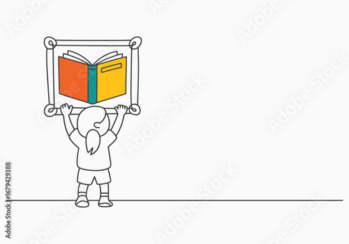 Child holding up an open book with colorful pages isolated on white background