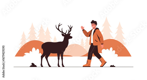 Man meeting a deer in the forest, illustration representing wildlife and adventure