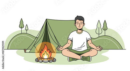 Man Meditating and Camping in Nature with a Tent and Campfire Relaxation Scene