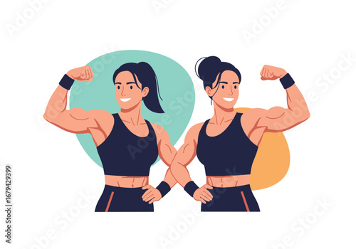 Two athletic women flexing their biceps with confidence and strength