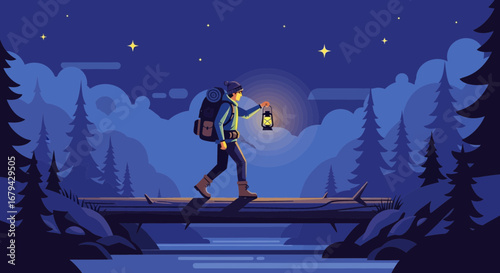 Nighttime Wanderer Traversing Log Bridge Illuminated By Lantern In Serene Wilderness