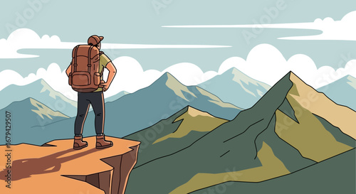 Man on a mountain looking at the landscape views depicting travel and adventure