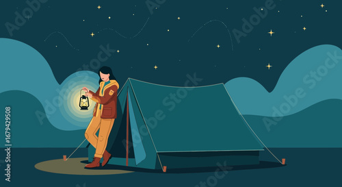 Nocturnal Adventure: A Woman Lights Up Her Tent Under A Starry Night Sky