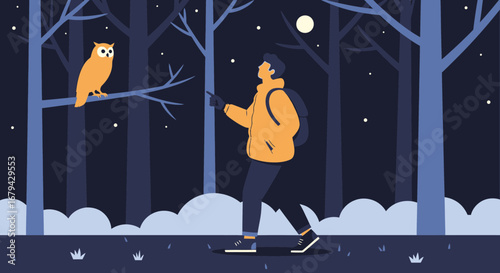 Nocturnal Explorer Gazes Upward While An Owl Perches Upon Wooded Branch With Stars