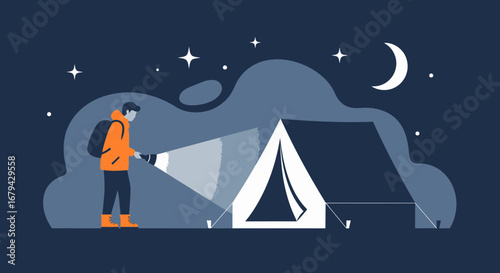 Nocturnal Traveler Inspects Camping Tent Under Starry Skies and Moonlight Exploration
