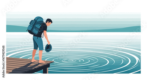 Man on a wooden pier contemplating the tranquil of the water with a backpack and hat