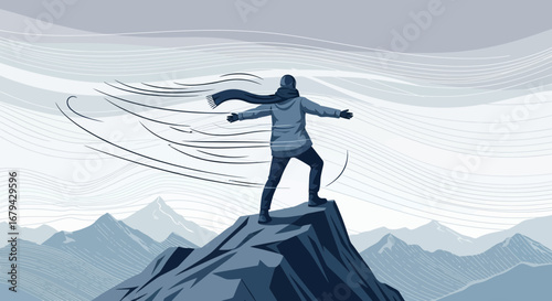 Man on mountain peak, open arms: freedom, achievement, wind and strong vector illustration