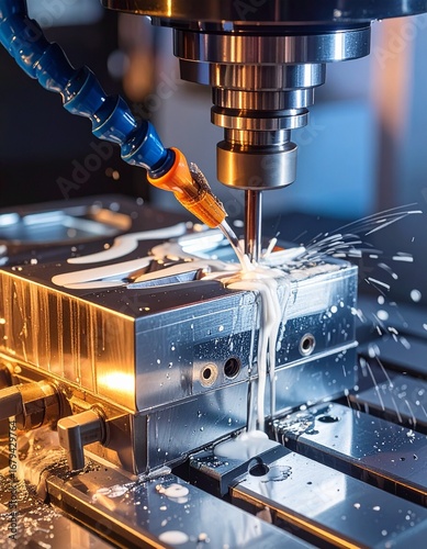 CNC milling machine processing on steel with cooling