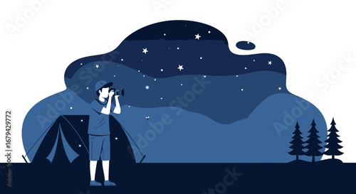 Man photographing night sky with a camera during camping trip at the mountains