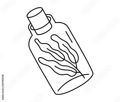 Hand drawn cute outline illustration bottle with plant. Flat vector herbal therapy line art doodle. Natural cosmetics. Health care naturopathy treatment sticker, icon. Alternative medicine. Isolated.