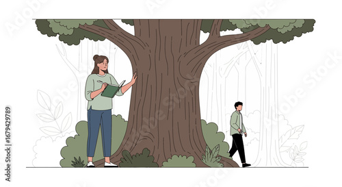 Observational Forest Study Depicting A Researcher With A Notebook And An Observer