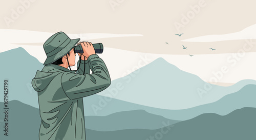 Observer Gazing Through Binoculars At Mountain Peaks, Discovering Nature's Wonders