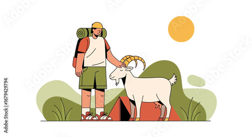 Man petting a goat near a tent while camping under the sun vector illustration