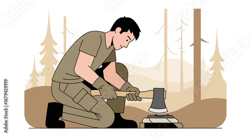 Man Preparing An Axe To Chop Wood In A Forest Scene With A Clear Aesthetic