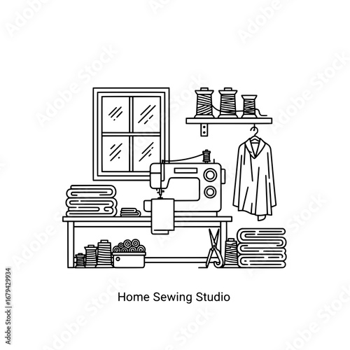 Home sewing studio with transparent background