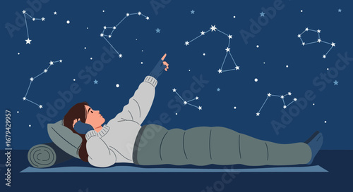 Observing The Celestial Sphere, Dreamer Gazing At Star Formations Under Dark Canopy