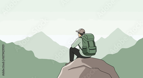 Observing Serene Mountain Scenery From A Vantage Point After A Long Hike