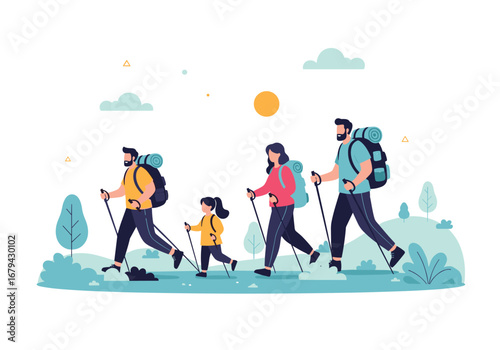 Family enjoys a scenic hike through nature's beauty on a sunny day