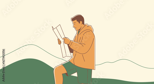 Man Reading a Map While Hiking in the Mountains Shows Travel and Exploration