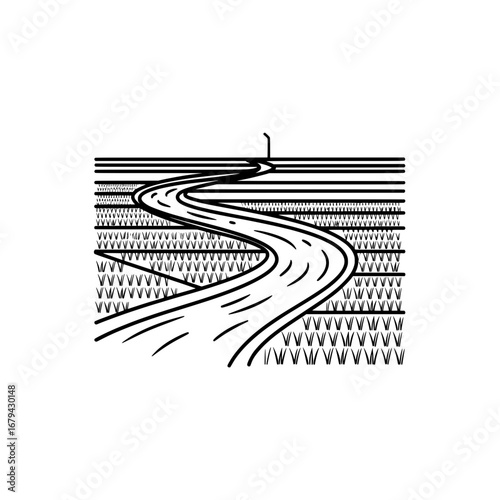 Winding road in rural landscape with transparent background