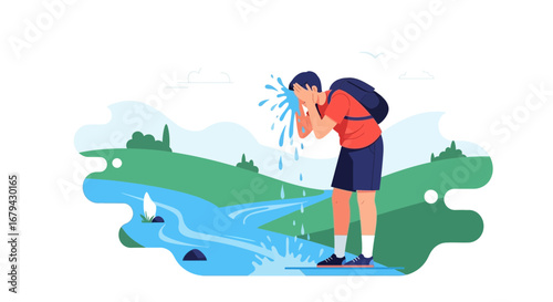 Man refreshing himself with water from a river in a landscape with clear weather