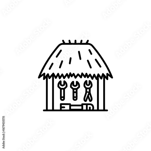 Tool shed with tools and thatched roof with transparent background