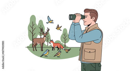 Observing Wildlife: Forest Fauna and A Person With Binoculars Exploring Nature Outdoors