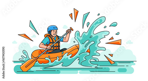 Vibrant Illustration of a Person Whitewater Rafting and Paddling in Turbulent Water