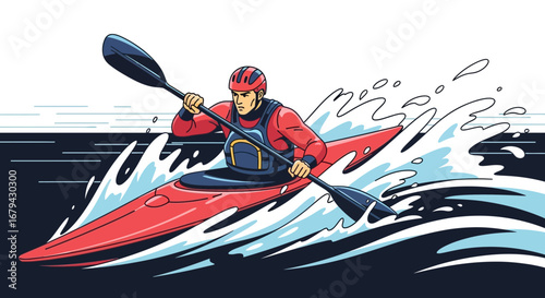 Vibrant Illustration Of Kayaker Paddling Through Rushing Water With Determination