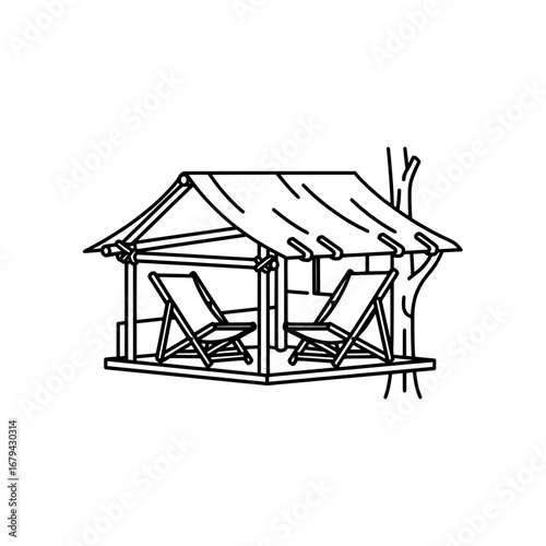 Outdoor beach cabana with chairs and canopy on transparent background