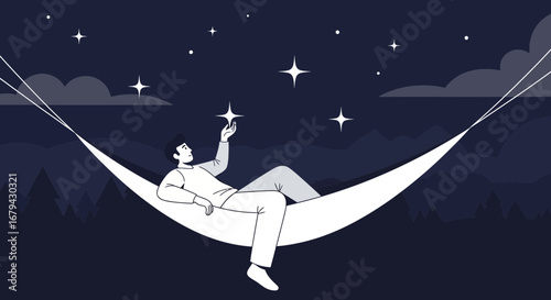 Man relaxing in a hammock reaching for a star under a night sky full of stars