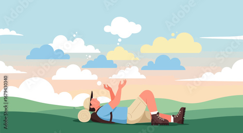 Man Relaxing On A Hillside, Dreaming Among Colorful Clouds And Open Sky