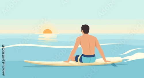 Man relaxing on a surfboard watching the sunset over the ocean landscape