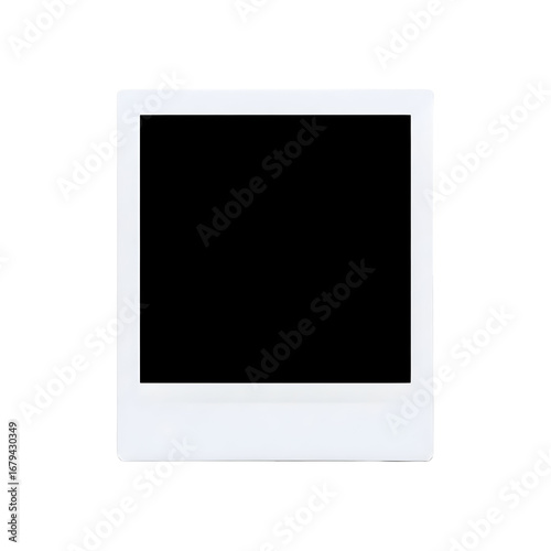 Blank white instant photo frame with a black empty space for your picture, isolated on white background
