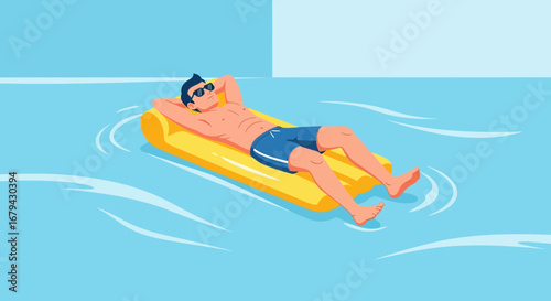 Man relaxing on a yellow inflatable raft in a swimming pool during summertime