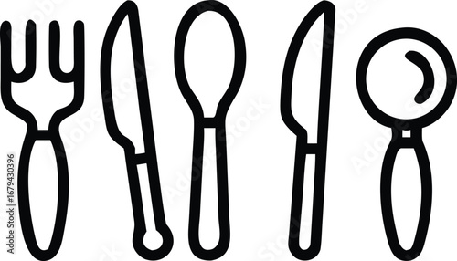 Elegant Outline Illustration of Kitchen Utensils Fork Knife Spoon and Peeler for Culinary Projects