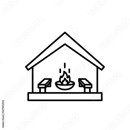 Fire pit with benches on black outline style with transparent background