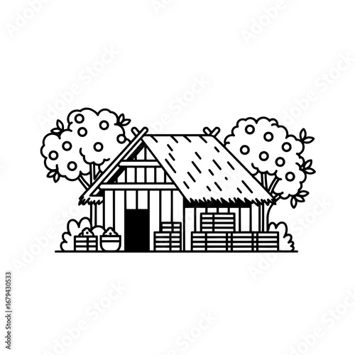 Rural barn with trees and stacked hay on transparent background