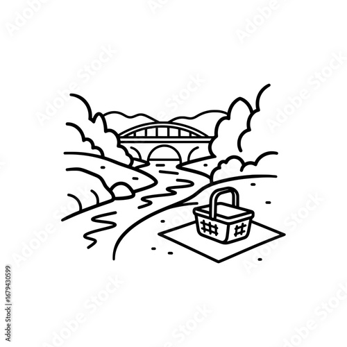 River with bridge and picnic basket with transparent background