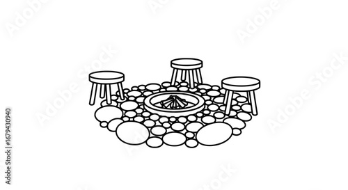 fire pit with three stools and stones with transparent background